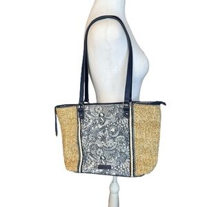 The Sak Sakroots Metro Tote 'Navy Spirit Desert' Straw & Canvas Shoulder Bag
